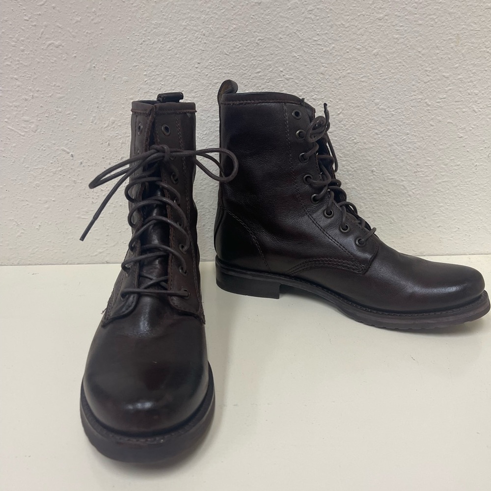 Frye Brown Combat Moto Boots Lace-Up Design